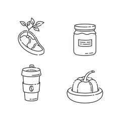 Zero waste food linear icons set. Vegan meat, glass jar, reusable coffee cup and food savers customizable thin line contour symbols. Isolated vector outline illustrations. Editable stroke