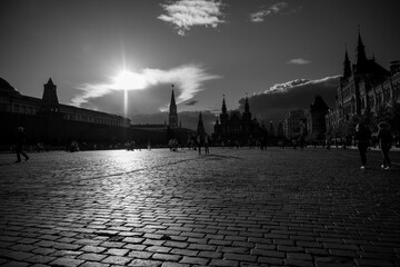 city view of the old kremlin on a beautiful temple and a large square against the sky with clouds