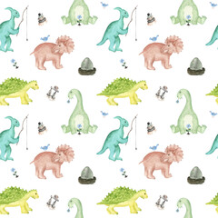 Seamless pattern. Cute dinosaurs on a white background. Ideal for children's textiles, printing and tableware decoration.