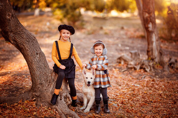 Fototapeta premium girls walking Golden Retriever in autumn Park.