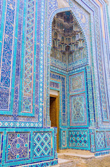 The blue tiles of the facade of Shahi Zinda museum, Samarkand, Uzbekistan.