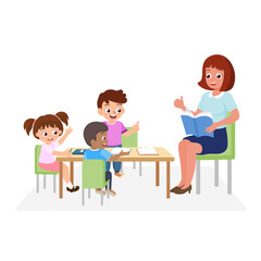 Little students and teacher learning in the classroom. Concept vector illustration for education and back to school.