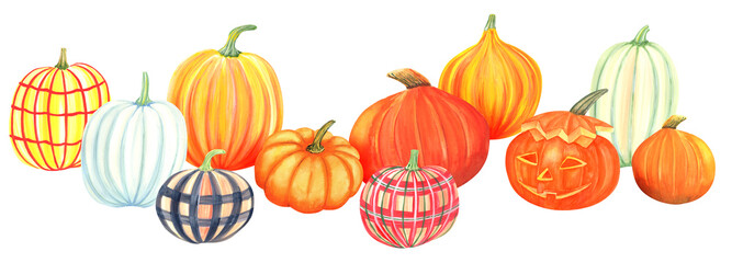Clipart set with autumn colorful checkered pumpkin. Isolated elements on a white background.
 Hand painted in watercolor.
