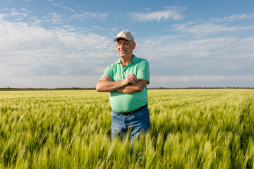 Naklejka na ściany i meble Portrait of senior farmer standing in in wheat field.