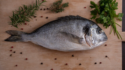 Raw sea bream on a wooden plank with pepper and herbs