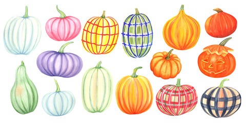 Clipart set with autumn colorful checkered pumpkin. Isolated elements on a white background.
 Hand painted in watercolor.