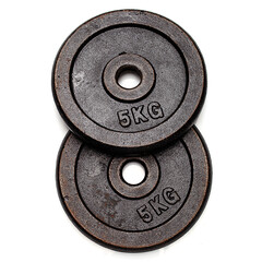top view on two 5 kg weight disks isolated on white background. bodybuilding equipment
