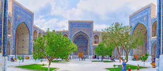 The blue courtyard of Ulugh Beg Madrasah in Samarkand, Uzbekistan