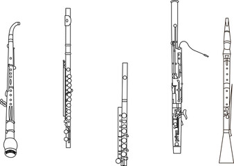 Black line drawings of outline English horn, flute, piccolo, bassoon and oboe musical instrument contour on a white background