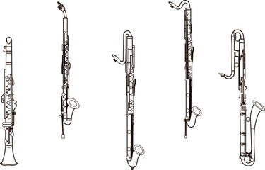 Black line drawings of outline Soprano Clarinet, Alto and Contra Alto Clarinet, Bass and Contrabass Clarinet contour