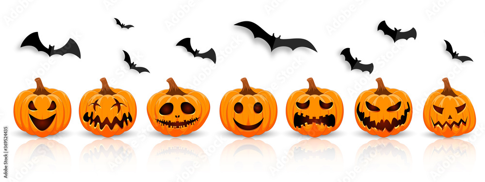 Wall mural set pumpkin on white background with black bat. the main symbol of the happy halloween holiday. oran