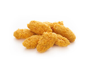 Fried crispy chicken nuggets on white background