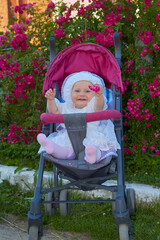 cheerful baby in a stroller,the baby laughs and holds out a rose for mom