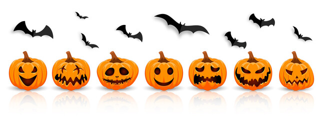 Set pumpkin on white background with black bat. The main symbol of the Happy Halloween holiday. Orange pumpkin with smile for your design for the holiday Halloween.