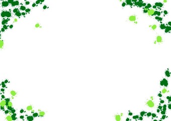 Abstract backgrounds. Hand drawn various shapes objects. Green spots that resemble droplets of watercolor with dark and light green in four corners inadvertently colored. Isolated white background.