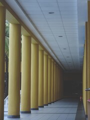 Vertical closeup view of large Pillars in a empty corridor 