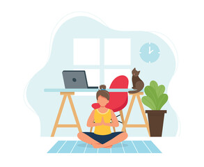 Stay home concept. Woman doing yoga in cozy modern interior. illustration in flat style