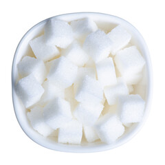 White bowl with sugar cubes on white background isolation, top view