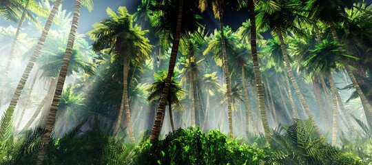 Obraz premium Tropical jungle in the fog. Palms in the morning. 