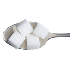 Spoon with sugar cubes on white background isolation, top view