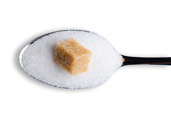 Teaspoon with white sugar and cane sugar cube on white background isolation, top view