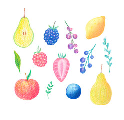 Watercolor colorful fruits collection isolated on white background. Hand-painted bright, fresh lemons, pear, apple, figs, berry illustration. Watercolor and color pencil fruits. 