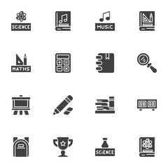 Education vector icons set, modern solid symbol collection, filled style pictogram pack. Signs, logo illustration. Set includes icons as science, math, calculator, geometry book, school bag