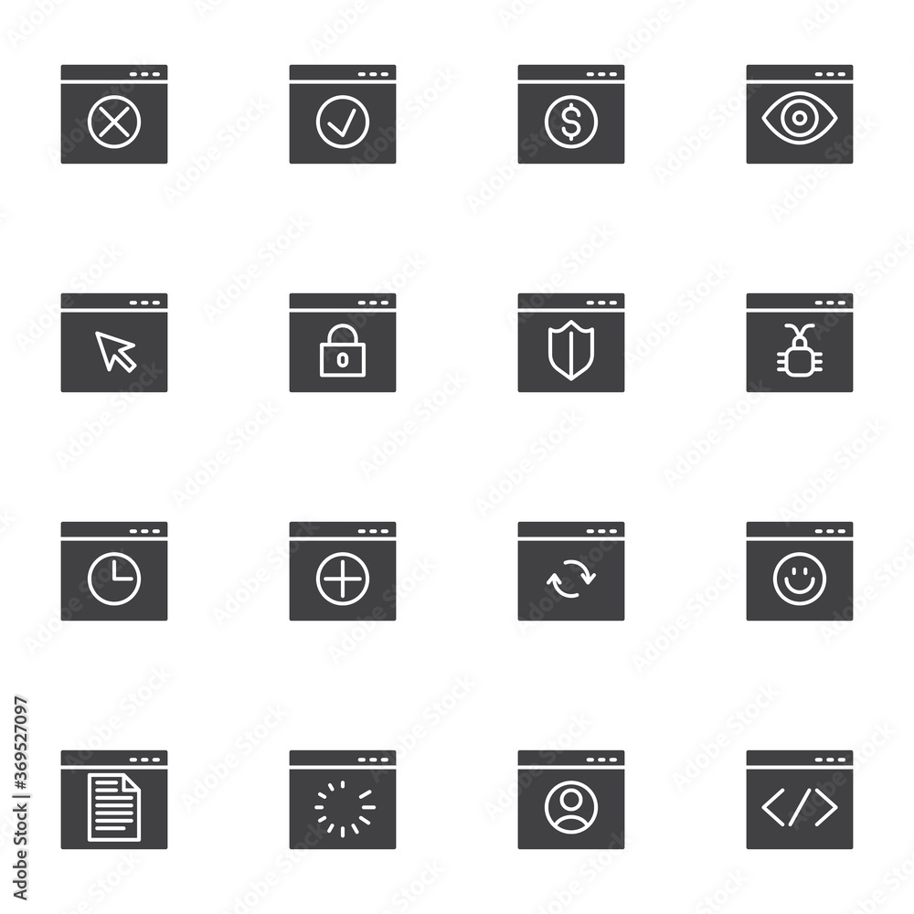 Poster website ui vector icons set, modern solid symbol collection, filled style pictogram pack. signs, log