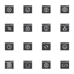 Website UI vector icons set, modern solid symbol collection, filled style pictogram pack. Signs, logo illustration. Set includes icons as private webpage interface, virus page, web coding, monitoring