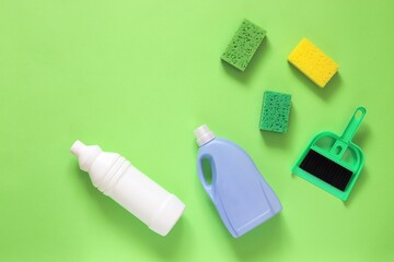 Liquid detergents in plastic bottles, brushes and sponges for cleaning the house on a bright green background, flat lei, top view