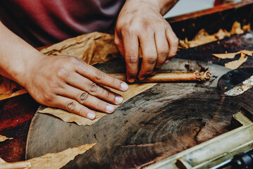 Closeup of hands making cigar from tobacco leaves. Traditional manufacture of cigars. Dominican Republic - obrazy, fototapety, plakaty