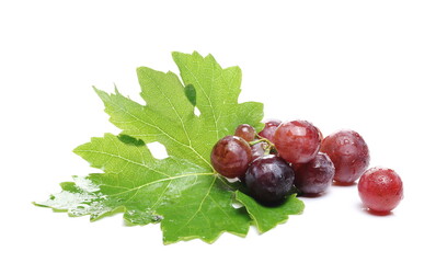 Fresh Cardinal grapes with leaf isolated on white background