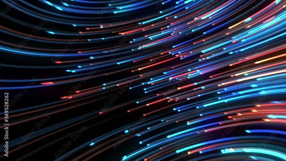 Poster abstract flying glowing laser neon lines animation background. 4k 3d rendering seamless looping colo