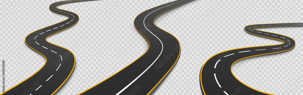 Wall mural road, winding highway isolated on transparent background. journey two lane curve asphalt pathway goi