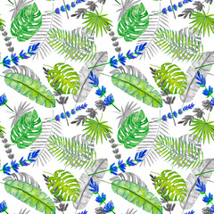 Seamless watercolor pattern of tropical leaves and flowers. JPG illustration.