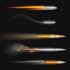 Flying bullets with fire and smoke traces. Shooting military handgun shoot trails, gunshots in motion, weapon metal shots, ammo isolated on black and transparent background, realistic 3d vector set - obrazy, fototapety, plakaty