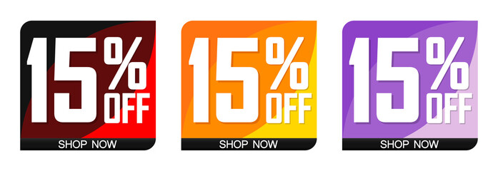 Set Sale 15% off bubble banners, discount tags design template, vector illustration