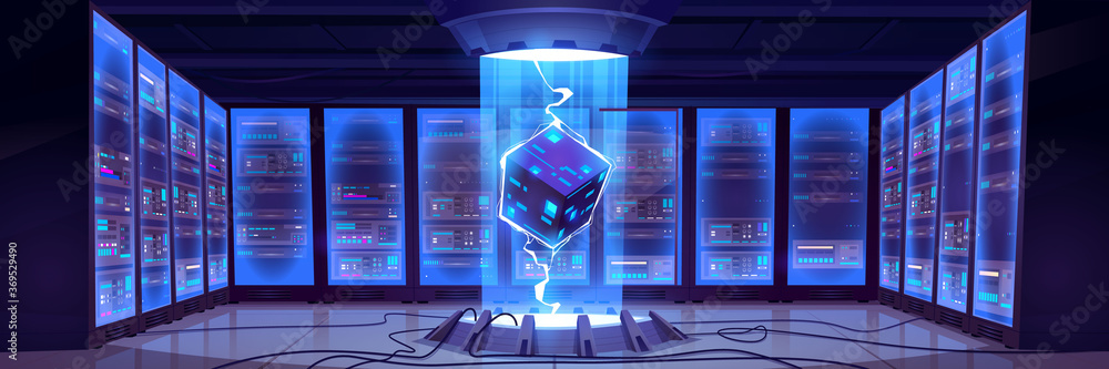 Poster vector cartoon interior of future data center room with server hardware and hologram of processor. c
