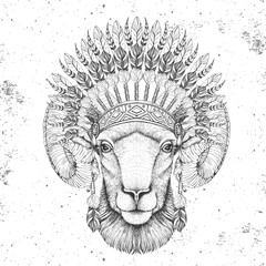Hipster animal ram or mouflon with indian feather headdress. Hand drawing Muzzle of animal ram or mouflon