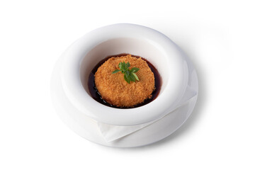 Fried camembert in cranberry sauce, on a white plate, for delivery, European food
