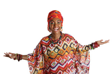 Black Woman in the national African dress over white