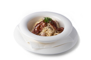 Pasta Carbonara on a white plate, for delivery, italian food