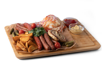 Grilled sausages on a wooden board, on a white background, for delivery, European food