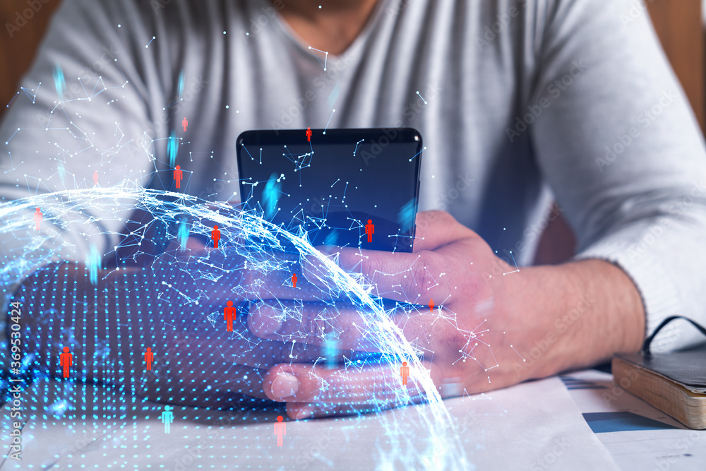 Poster man using phone. hands typing smartphone. double exposure with social media and globe hologram. clos