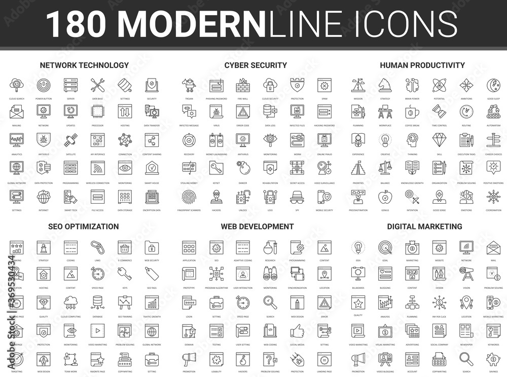 Aufkleber Network development technology vector illustration. Flat thin line modern abstract icon set of cyber data protection, developing human productivity, social marketing, seo optimization concept symbols