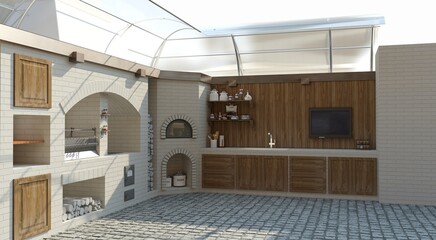 barbecue area, exterior visualization, 3D illustration