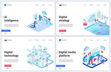 Isometric digital social media technology vector illustration. Cartoon 3d mobile website design template set, concept banners with business service platform for storage and analysis of data mediafiles