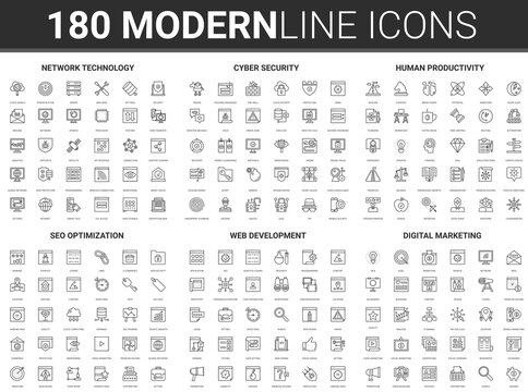Network development technology vector illustration. Flat thin line modern abstract icon set of cyber data protection, developing human productivity, social marketing, seo optimization concept symbols