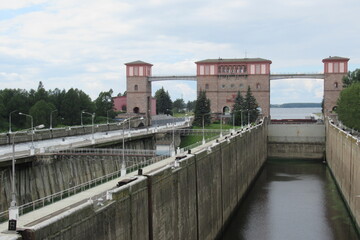 Russia, Rybinsk town, gateway from Volga River to Rybinsk waterstore, august 2020 (2)