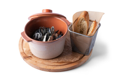 Mussels in a pot, on a white background, for delivery, Pan-Asian food